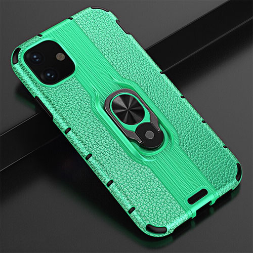 Silicone Matte Finish and Plastic Back Cover Case with Magnetic Finger Ring Stand R03 for Apple iPhone 11 Green