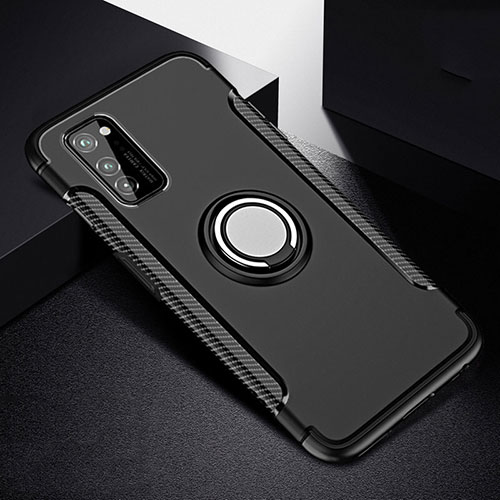 Silicone Matte Finish and Plastic Back Cover Case with Magnetic Finger Ring Stand R03 for Huawei Honor V30 Pro 5G Black