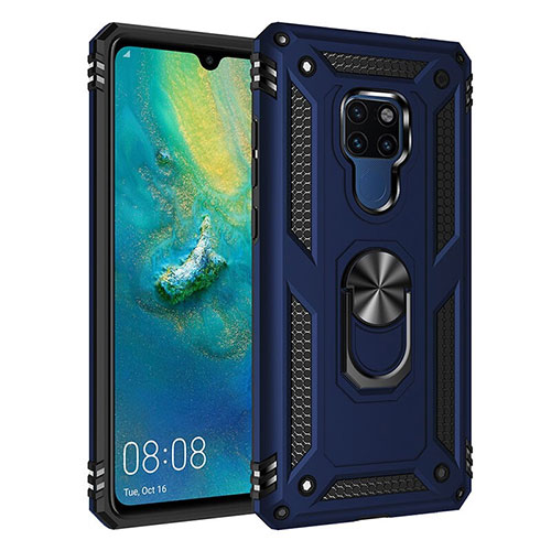 Silicone Matte Finish and Plastic Back Cover Case with Magnetic Finger Ring Stand R03 for Huawei Mate 20 Blue