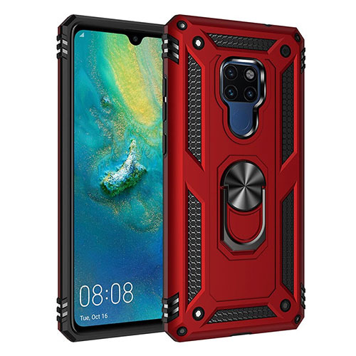 Silicone Matte Finish and Plastic Back Cover Case with Magnetic Finger Ring Stand R03 for Huawei Mate 20 Red