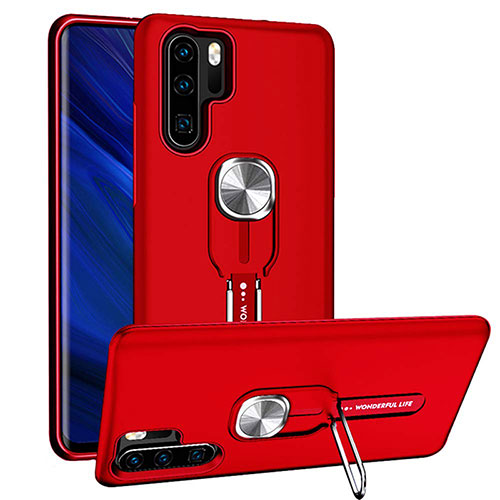Silicone Matte Finish and Plastic Back Cover Case with Magnetic Finger Ring Stand R03 for Huawei P30 Pro New Edition Red