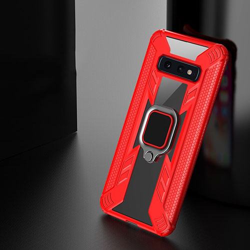 Silicone Matte Finish and Plastic Back Cover Case with Magnetic Finger Ring Stand R03 for Samsung Galaxy S10e Red