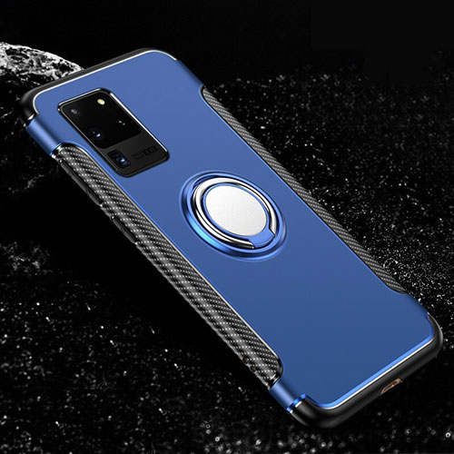 Silicone Matte Finish and Plastic Back Cover Case with Magnetic Finger Ring Stand R03 for Samsung Galaxy S20 Ultra 5G Blue
