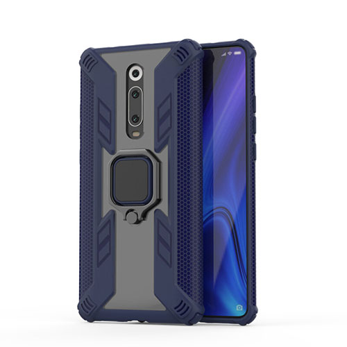 Silicone Matte Finish and Plastic Back Cover Case with Magnetic Finger Ring Stand R03 for Xiaomi Mi 9T Blue