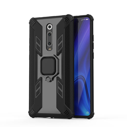 Silicone Matte Finish and Plastic Back Cover Case with Magnetic Finger Ring Stand R03 for Xiaomi Mi 9T Pro Black