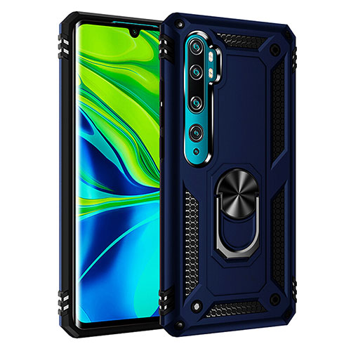 Silicone Matte Finish and Plastic Back Cover Case with Magnetic Finger Ring Stand R03 for Xiaomi Mi Note 10 Pro Blue