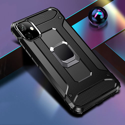 Silicone Matte Finish and Plastic Back Cover Case with Magnetic Finger Ring Stand R04 for Apple iPhone 11 Black
