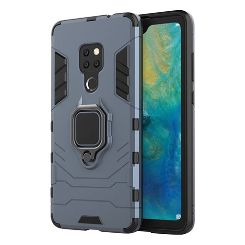 Silicone Matte Finish and Plastic Back Cover Case with Magnetic Finger Ring Stand R04 for Huawei Mate 20 Blue