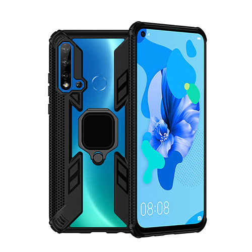 Silicone Matte Finish and Plastic Back Cover Case with Magnetic Finger Ring Stand R04 for Huawei Nova 5i Black
