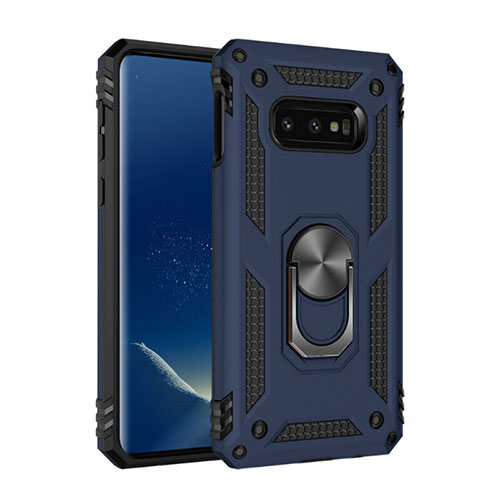 Silicone Matte Finish and Plastic Back Cover Case with Magnetic Finger Ring Stand R04 for Samsung Galaxy S10e Blue