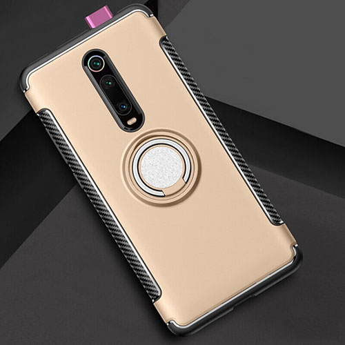 Silicone Matte Finish and Plastic Back Cover Case with Magnetic Finger Ring Stand R04 for Xiaomi Mi 9T Pro Gold