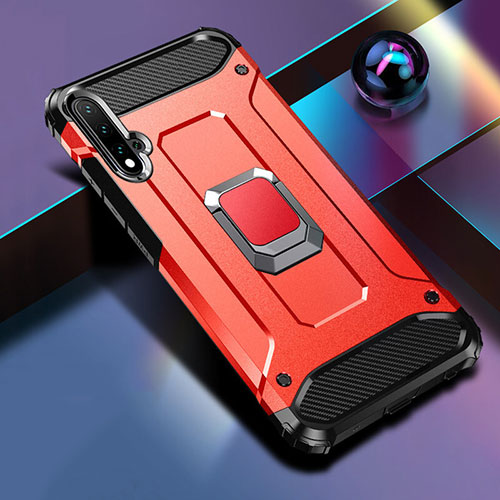 Silicone Matte Finish and Plastic Back Cover Case with Magnetic Finger Ring Stand R05 for Huawei Nova 5 Red