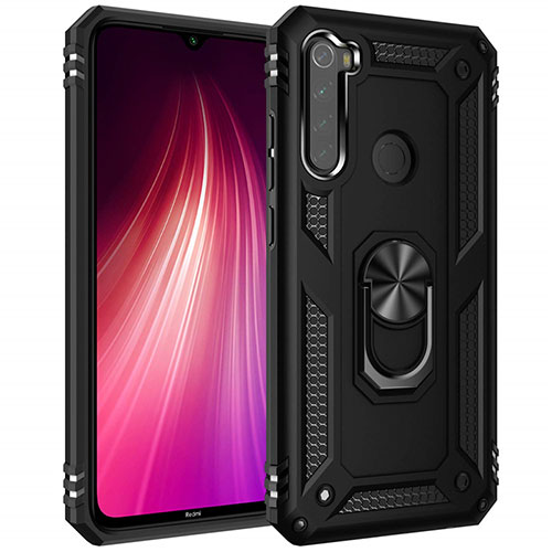 Silicone Matte Finish and Plastic Back Cover Case with Magnetic Finger Ring Stand R05 for Xiaomi Redmi Note 8 Black