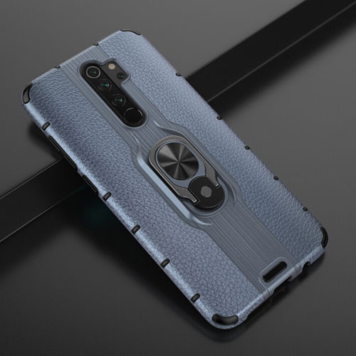 Silicone Matte Finish and Plastic Back Cover Case with Magnetic Finger Ring Stand R05 for Xiaomi Redmi Note 8 Pro Blue