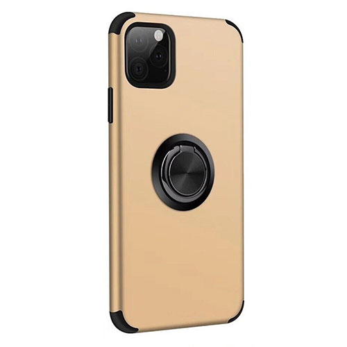 Silicone Matte Finish and Plastic Back Cover Case with Magnetic Finger Ring Stand R06 for Apple iPhone 11 Pro Gold