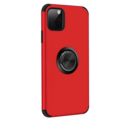 Silicone Matte Finish and Plastic Back Cover Case with Magnetic Finger Ring Stand R06 for Apple iPhone 11 Pro Max Red