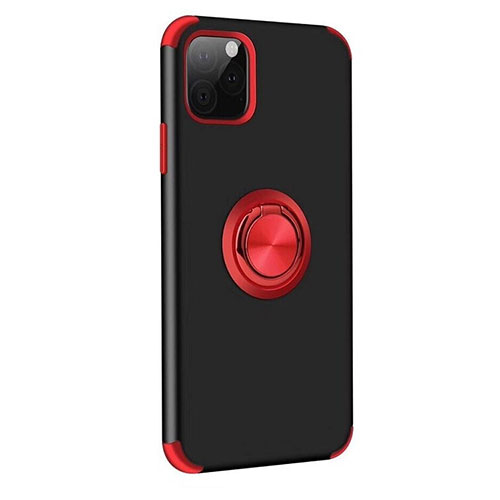 Silicone Matte Finish and Plastic Back Cover Case with Magnetic Finger Ring Stand R06 for Apple iPhone 11 Pro Max Red and Black