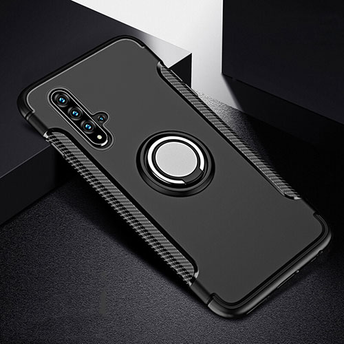 Silicone Matte Finish and Plastic Back Cover Case with Magnetic Finger Ring Stand R06 for Huawei Nova 5 Pro Black