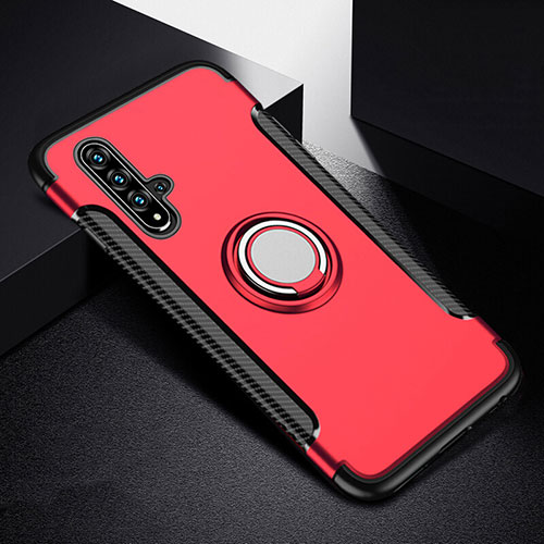 Silicone Matte Finish and Plastic Back Cover Case with Magnetic Finger Ring Stand R06 for Huawei Nova 5 Red