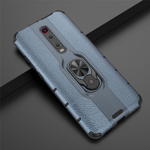 Silicone Matte Finish and Plastic Back Cover Case with Magnetic Finger Ring Stand R07 for Xiaomi Mi 9T Pro Blue