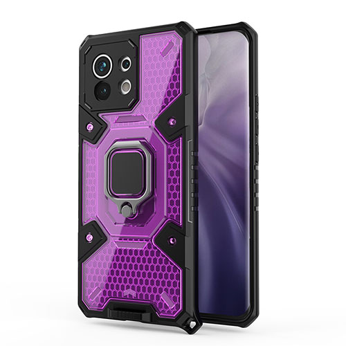 Silicone Matte Finish and Plastic Back Cover Case with Magnetic Finger Ring Stand R08 for Xiaomi Mi 11 5G Purple
