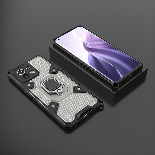 Silicone Matte Finish and Plastic Back Cover Case with Magnetic Finger Ring Stand R11 for Xiaomi Mi 11 5G Gray
