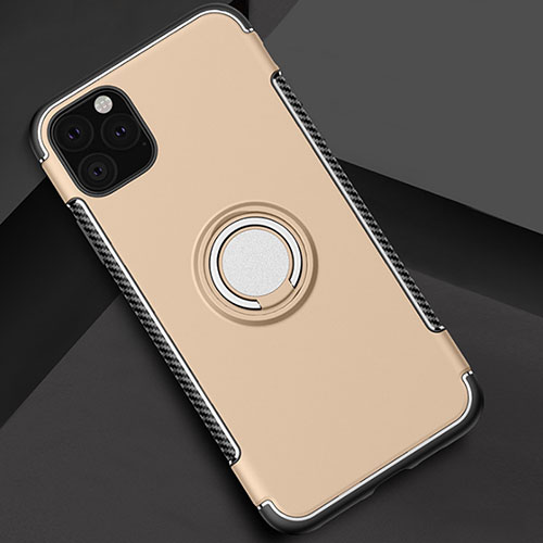 Silicone Matte Finish and Plastic Back Cover Case with Magnetic Finger Ring Stand S01 for Apple iPhone 11 Pro Gold