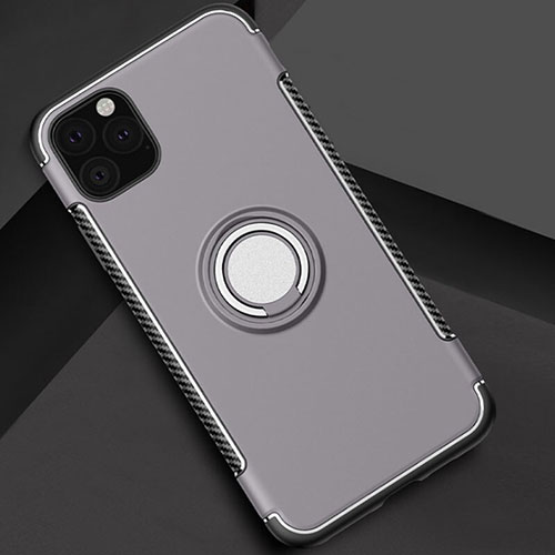 Silicone Matte Finish and Plastic Back Cover Case with Magnetic Finger Ring Stand S01 for Apple iPhone 11 Pro Gray