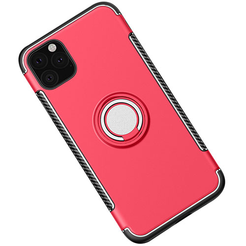 Silicone Matte Finish and Plastic Back Cover Case with Magnetic Finger Ring Stand S01 for Apple iPhone 11 Pro Max Red