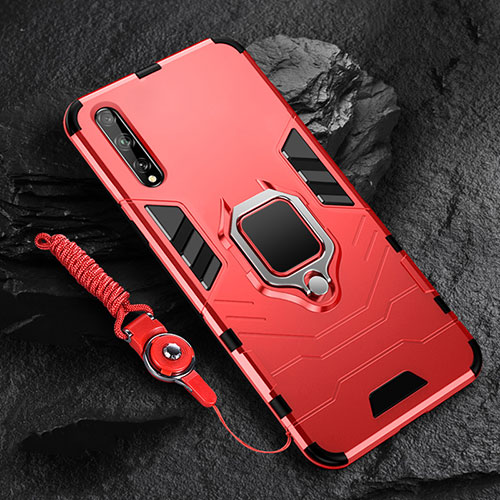 Silicone Matte Finish and Plastic Back Cover Case with Magnetic Finger Ring Stand S01 for Huawei Enjoy 10S Red