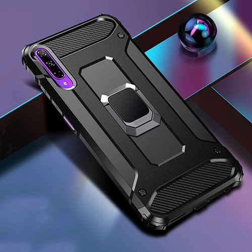 Silicone Matte Finish and Plastic Back Cover Case with Magnetic Finger Ring Stand S01 for Huawei Honor 9X Pro Black