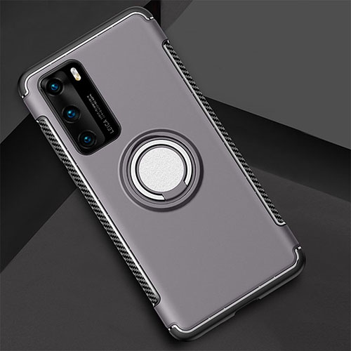 Silicone Matte Finish and Plastic Back Cover Case with Magnetic Finger Ring Stand S01 for Huawei P40 Dark Gray