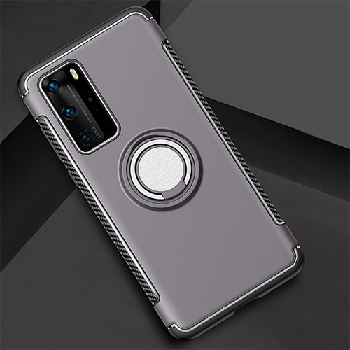 Silicone Matte Finish and Plastic Back Cover Case with Magnetic Finger Ring Stand S01 for Huawei P40 Pro Gray