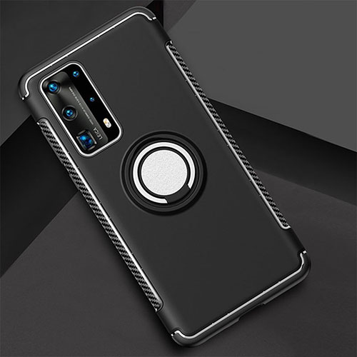 Silicone Matte Finish and Plastic Back Cover Case with Magnetic Finger Ring Stand S01 for Huawei P40 Pro+ Plus Black