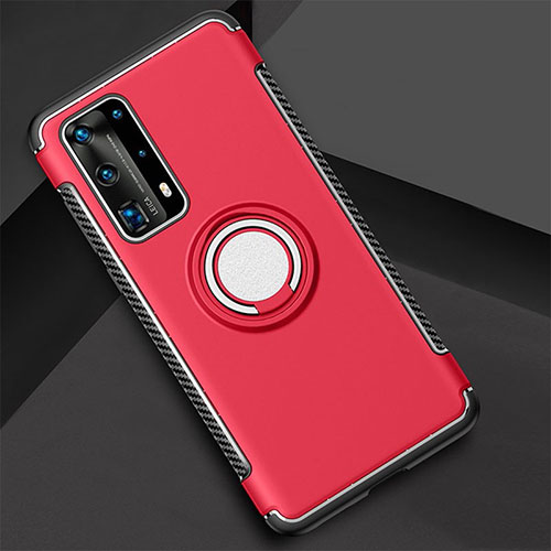 Silicone Matte Finish and Plastic Back Cover Case with Magnetic Finger Ring Stand S01 for Huawei P40 Pro+ Plus Red