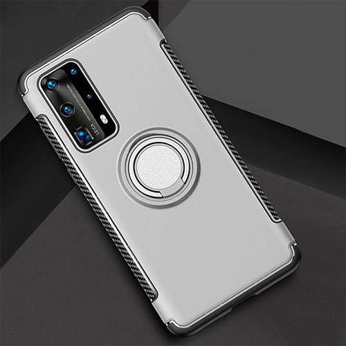 Silicone Matte Finish and Plastic Back Cover Case with Magnetic Finger Ring Stand S01 for Huawei P40 Pro+ Plus Silver