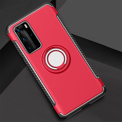 Silicone Matte Finish and Plastic Back Cover Case with Magnetic Finger Ring Stand S01 for Huawei P40 Pro Red