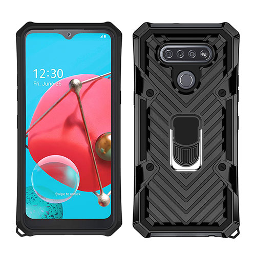 Silicone Matte Finish and Plastic Back Cover Case with Magnetic Finger Ring Stand S01 for LG K51 Black