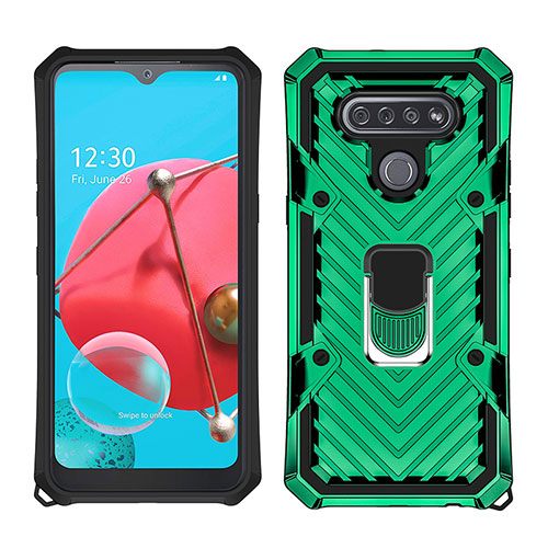 Silicone Matte Finish and Plastic Back Cover Case with Magnetic Finger Ring Stand S01 for LG K51 Green