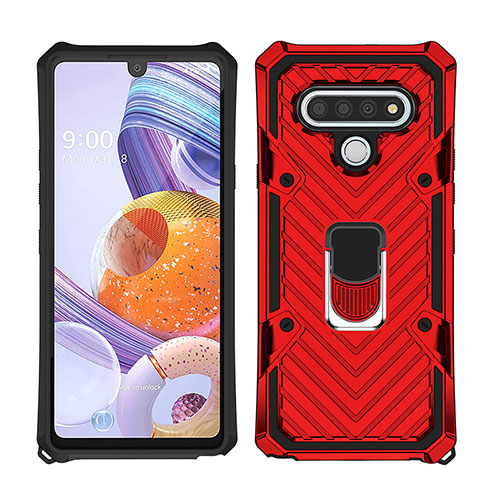 Silicone Matte Finish and Plastic Back Cover Case with Magnetic Finger Ring Stand S01 for LG Stylo 6 Red