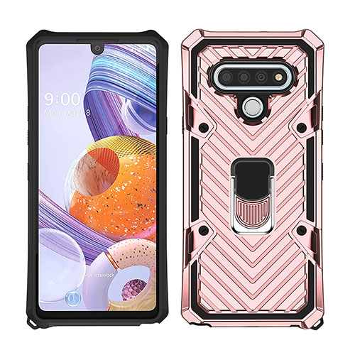 Silicone Matte Finish and Plastic Back Cover Case with Magnetic Finger Ring Stand S01 for LG Stylo 6 Rose Gold