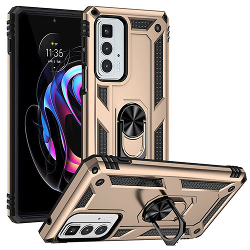 Silicone Matte Finish and Plastic Back Cover Case with Magnetic Finger Ring Stand S01 for Motorola Moto Edge 20 Pro 5G Gold