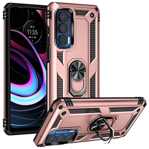 Silicone Matte Finish and Plastic Back Cover Case with Magnetic Finger Ring Stand S01 for Motorola Moto Edge (2021) 5G Rose Gold