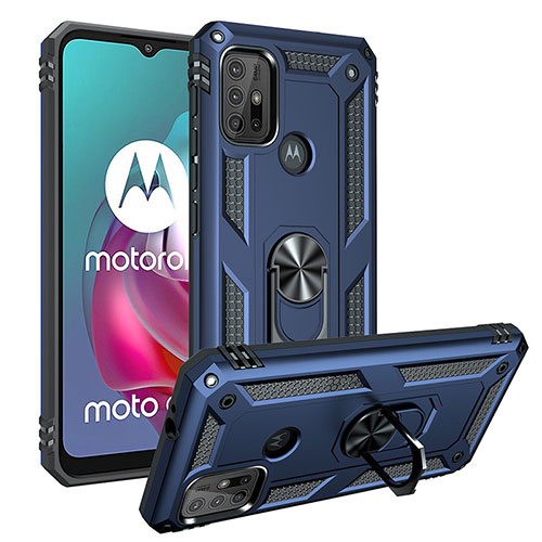 Silicone Matte Finish and Plastic Back Cover Case with Magnetic Finger Ring Stand S01 for Motorola Moto G10 Blue