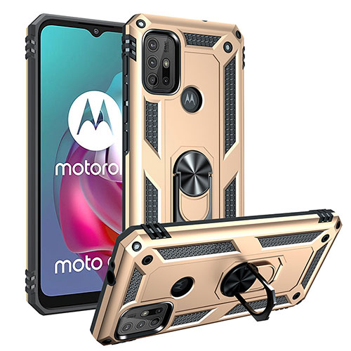 Silicone Matte Finish and Plastic Back Cover Case with Magnetic Finger Ring Stand S01 for Motorola Moto G10 Gold