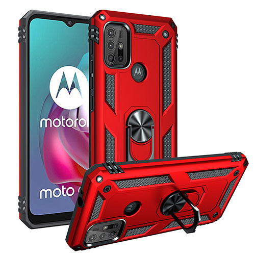 Silicone Matte Finish and Plastic Back Cover Case with Magnetic Finger Ring Stand S01 for Motorola Moto G10 Red