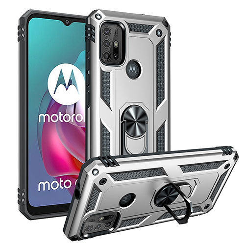 Silicone Matte Finish and Plastic Back Cover Case with Magnetic Finger Ring Stand S01 for Motorola Moto G10 Silver
