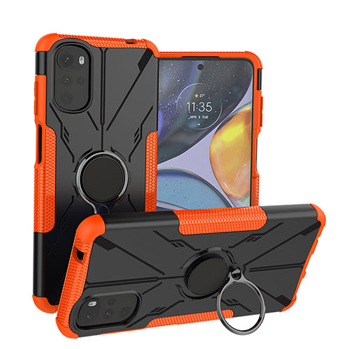 Silicone Matte Finish and Plastic Back Cover Case with Magnetic Finger Ring Stand S01 for Motorola Moto G22 Orange