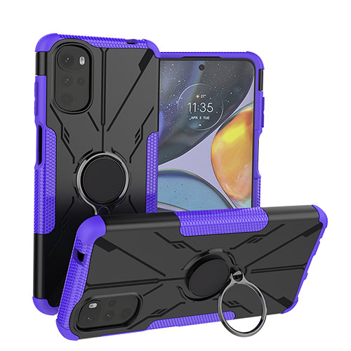 Silicone Matte Finish and Plastic Back Cover Case with Magnetic Finger Ring Stand S01 for Motorola Moto G22 Purple