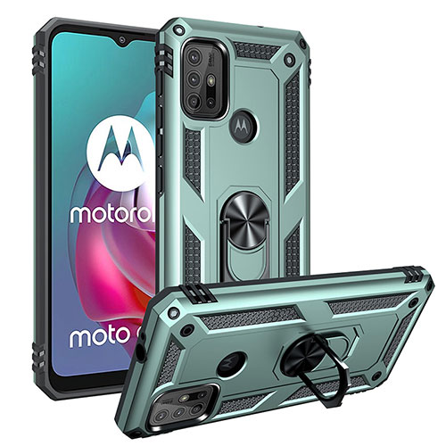 Silicone Matte Finish and Plastic Back Cover Case with Magnetic Finger Ring Stand S01 for Motorola Moto G30 Green